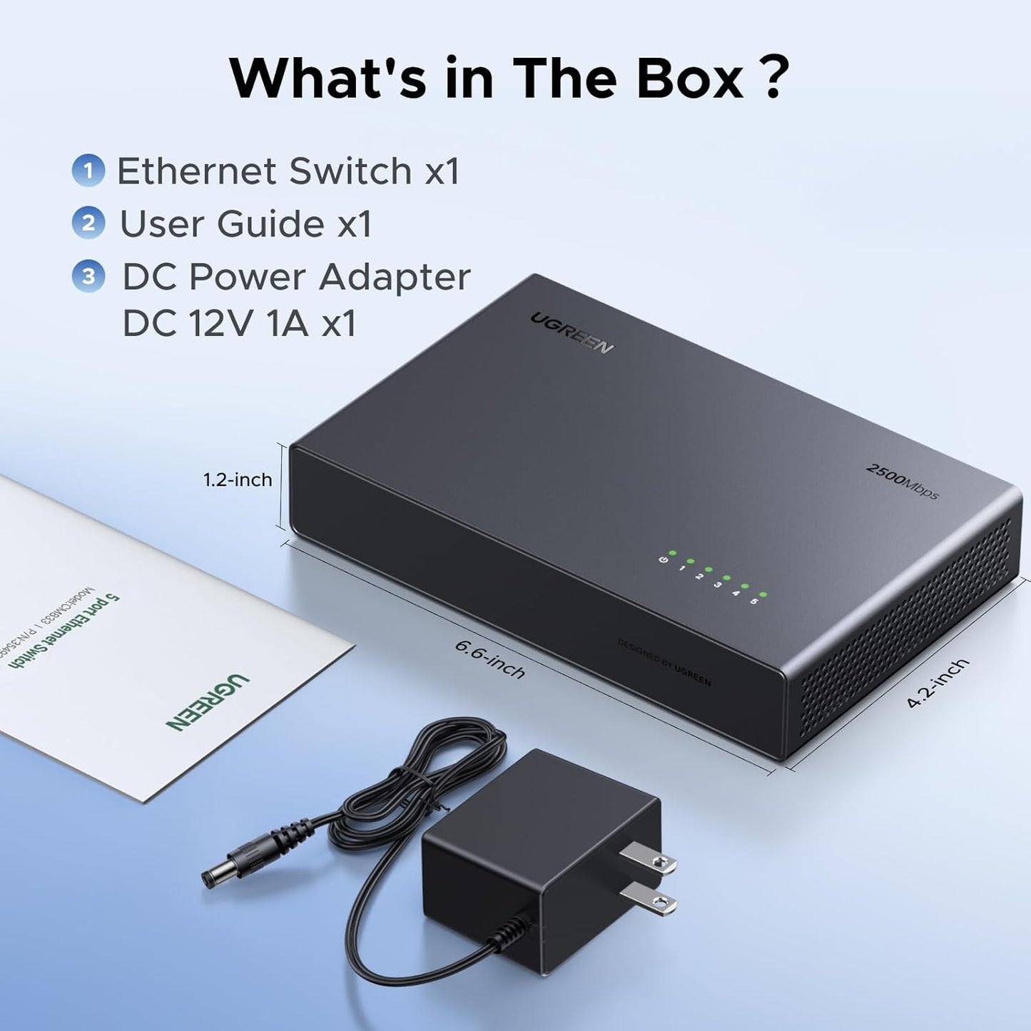 UGREEN 2.5Gb Switch, 5-Port Ethernet Switch, 5 x 2.5Gb Uplink, Plug & Play, Unmanaged Ethernet Splitter, Desktop/Wall Mount Network Hub, with LED, Fanless Quiet, for NAS, PC, Game Console