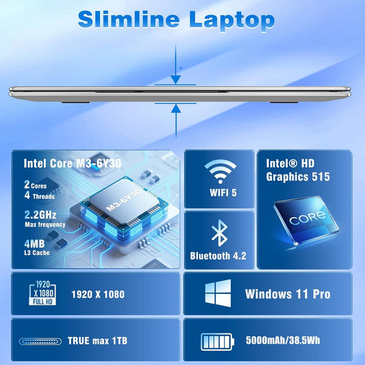 NAIKLULU Laptop Computer, Win 11 Pro Lap Top, 15.6 Inch Laptop PC 2026, 16GB RAM 256GB SSD, M3-6Y30 Processor, FHD Display 1920 * 1080P, WIFI5, BT4.2, 5000mAh Battery, for School Business Student