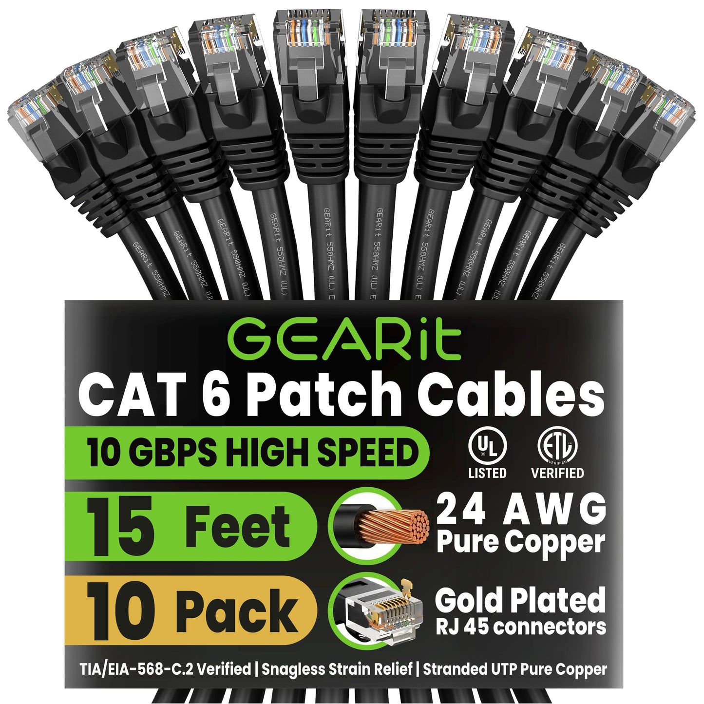 GEARit Cat 6 Ethernet Patch Cable 10 ft Black (10 Pack) Cat6 Patch Cables 10ft Black/Ethernet Patch Cable, 10Gbps 550MHz 24AWG Pure Copper, Snagless, Gold Plated RJ45 for Router, Server, Router, PC