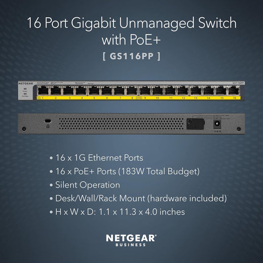 NETGEAR 16-Port Gigabit Ethernet Unmanaged PoE Switch (GS116PP) - with 16 x PoE+ @ 183W, Desktop, Wall Mount or Rackmount