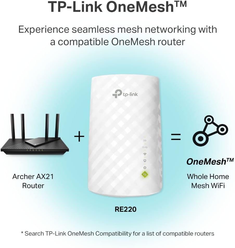 TP-Link WiFi Extender with Ethernet Port, Dual Band 5GHz/2.4GHz, Up to 44% More Bandwidth Than Single Band, Covers Up to 1200 Sq.ft and 30 Devices, Signal Booster Amplifier Supports OneMesh(RE220)