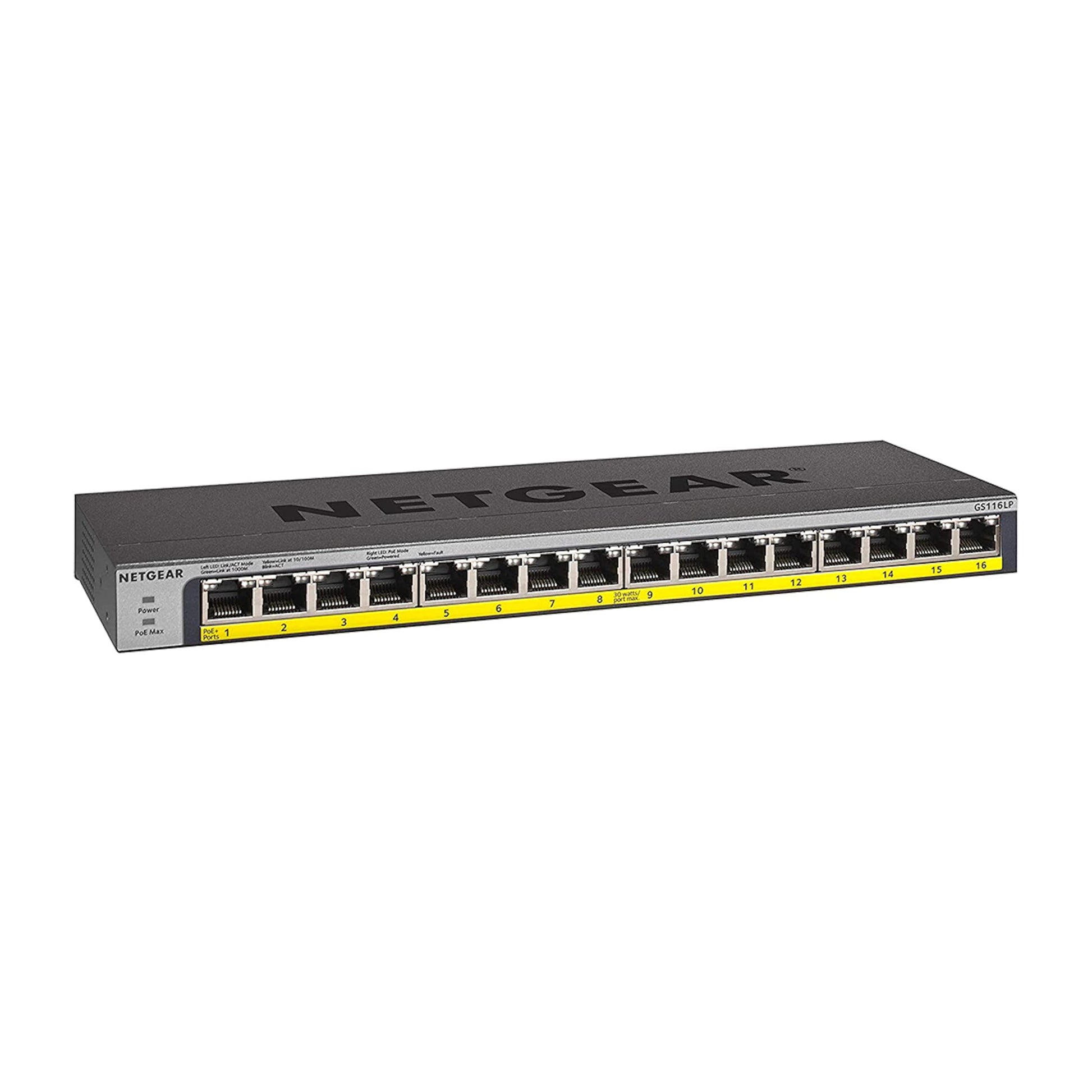 NETGEAR 16-Port Gigabit Ethernet Unmanaged PoE Switch (GS116PP) - with 16 x PoE+ @ 183W, Desktop, Wall Mount or Rackmount