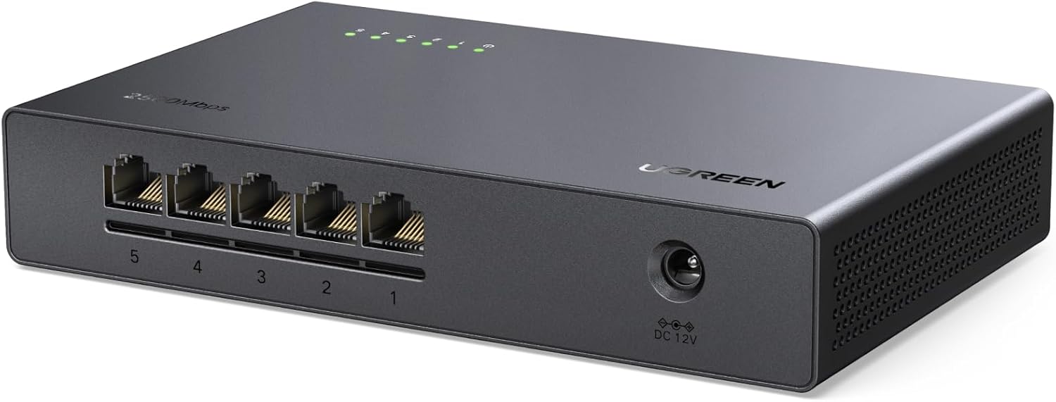 UGREEN 2.5Gb Switch, 5-Port Ethernet Switch, 5 x 2.5Gb Uplink, Plug & Play, Unmanaged Ethernet Splitter, Desktop/Wall Mount Network Hub, with LED, Fanless Quiet, for NAS, PC, Game Console