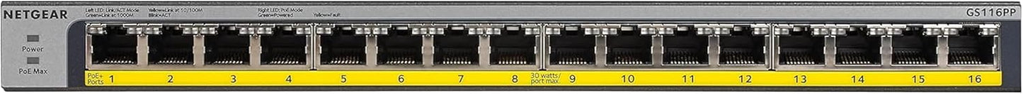 NETGEAR 16-Port Gigabit Ethernet Unmanaged PoE Switch (GS116PP) - with 16 x PoE+ @ 183W, Desktop, Wall Mount or Rackmount