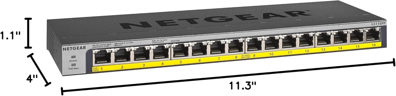 NETGEAR 16-Port Gigabit Ethernet Unmanaged PoE Switch (GS116PP) - with 16 x PoE+ @ 183W, Desktop, Wall Mount or Rackmount