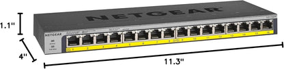 NETGEAR 16-Port Gigabit Ethernet Unmanaged PoE Switch (GS116PP) - with 16 x PoE+ @ 183W, Desktop, Wall Mount or Rackmount