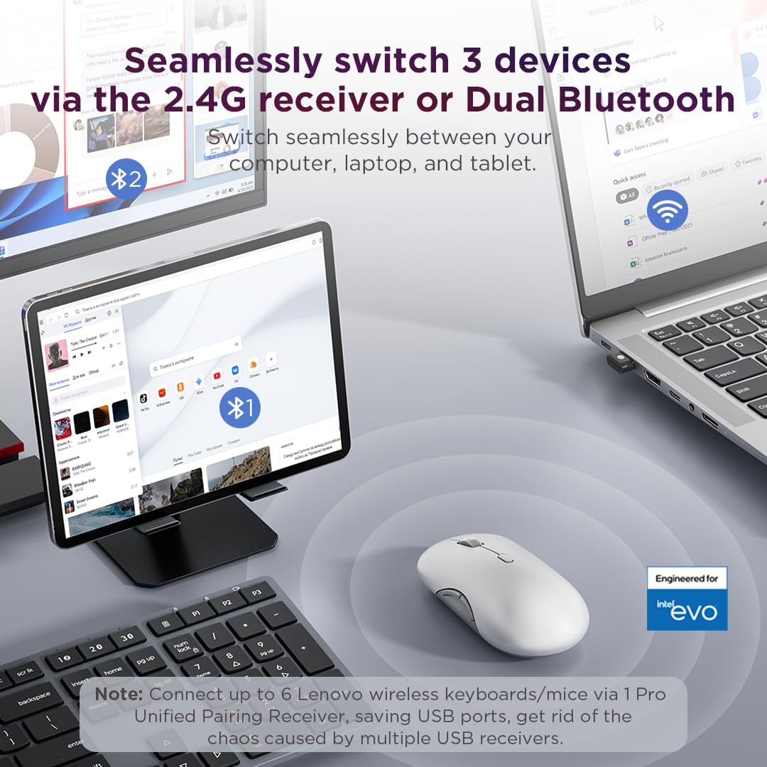 Lenovo 600 Bluetooth Silent Mouse, Blue Optical Sensor, Adjustable DPI, 4 Button, Microsoft Swift Pair, Windows, Chrome, GY50X88832, Gray
