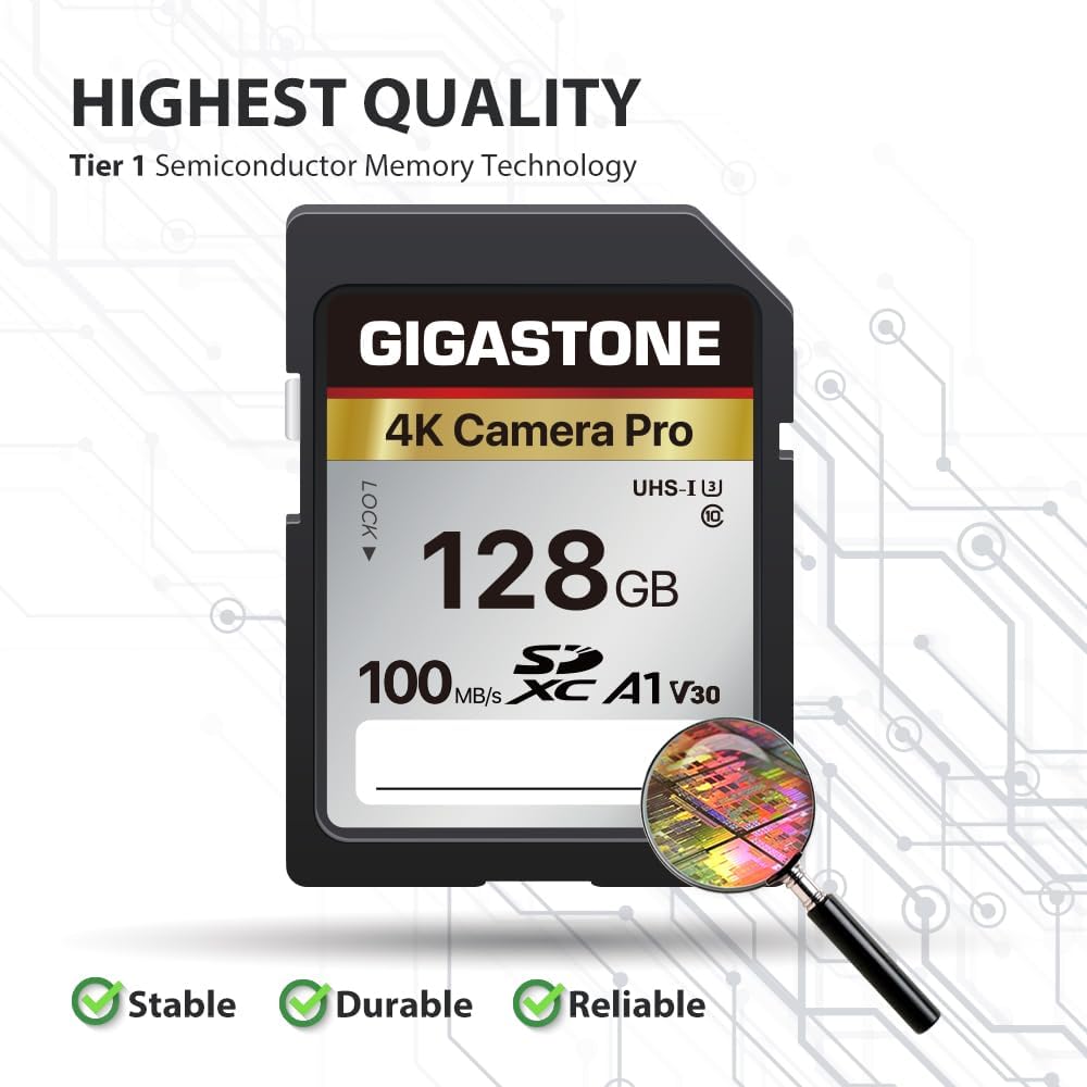 【5-Years Data Recovery】GIGASTONE 128GB SD Card, 4K Camera Pro, A1 V30 SDXC Memory Card 4K UHD Video Compatible with Canon Digital Camera, with 1 Mini Cases
