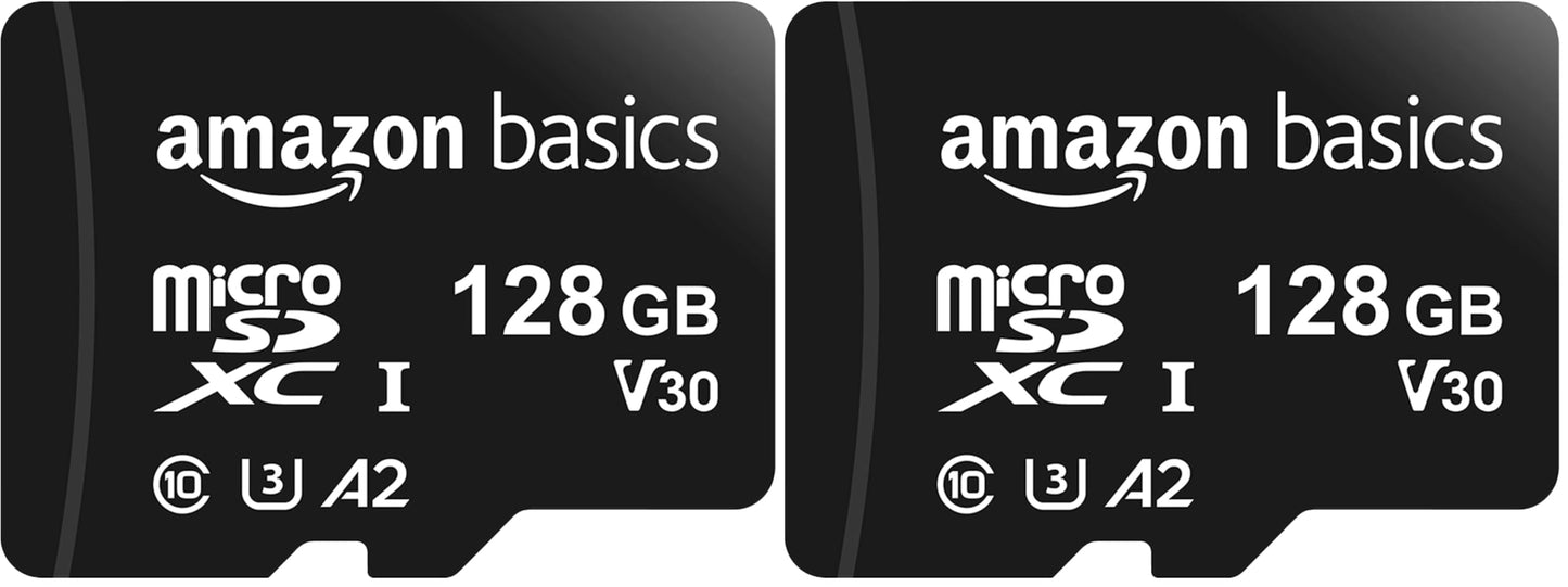 Amazon Basics microSDXC Memory Card with Full Size Adapter, A2, U3, Read Speed up to 100 MB/s, 64GB, Black (2pack)