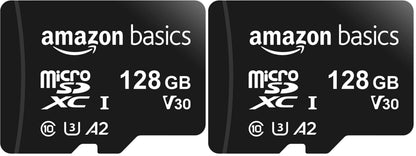 Amazon Basics microSDXC Memory Card with Full Size Adapter, A2, U3, Read Speed up to 100 MB/s, 64GB, Black (2pack)