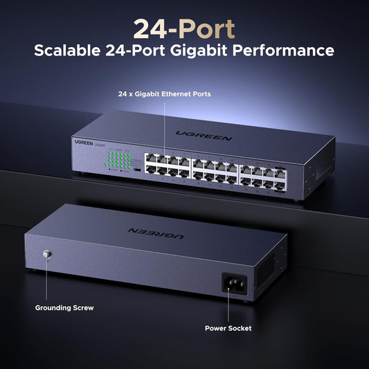 UGREEN 24 Port Gigabit Switch, Rackmount Plug & Play Ethernet Switch, 4 Mode, Unmanaged Network Splitter for Office & Business, Metal Fanless Desktop & Wall Mount Hub for NAS, PC, Printer, Router
