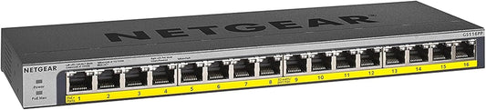NETGEAR 16-Port Gigabit Ethernet Unmanaged PoE Switch (GS116PP) - with 16 x PoE+ @ 183W, Desktop, Wall Mount or Rackmount