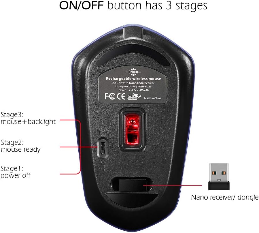 Rechargeable Wireless Mouse, Illuminating Backlit Powered by Li-Polymer Battery, Optical Sensor, Nano USB Receiver,3 Stages DPI Speed, 4 Buttons for PC, Laptop, Tablet, MacBook etc. (Net illuminating)