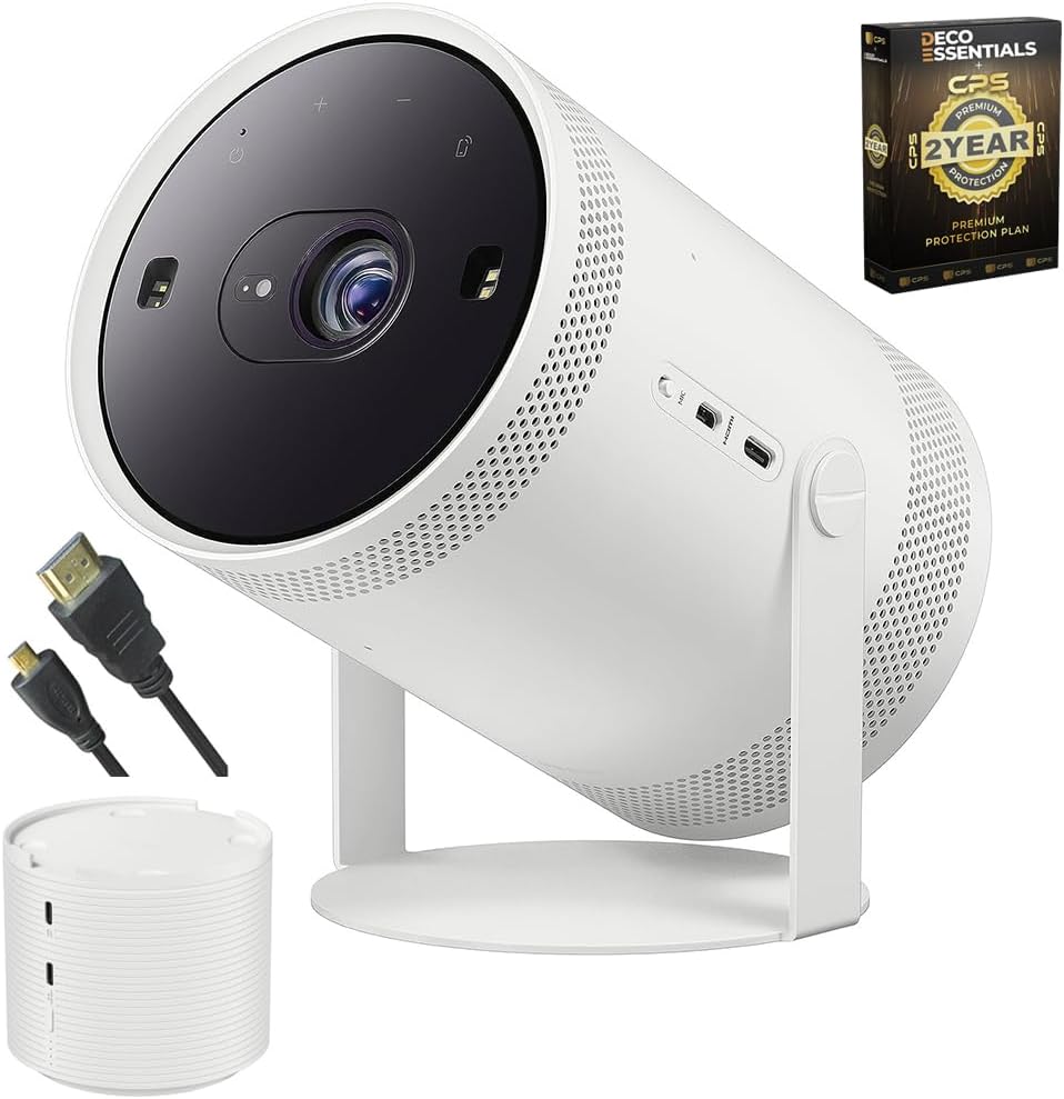 Samsung The Freestyle Projector 2nd Gen with Gaming Hub SP-LFF3CLAXXZA Bundle with Battery Base, 2 YR CPS Enhanced Protection Pack and Deco Essential High Speed 6 Feet Micro-HDMI to HDMI A/V Cable