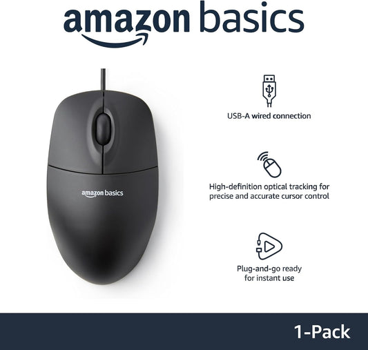 Amazon Basics 3-Button USB Wired Mouse with Responsive Tracking, Plug & Play, Compatible with Windows and Mac, Black