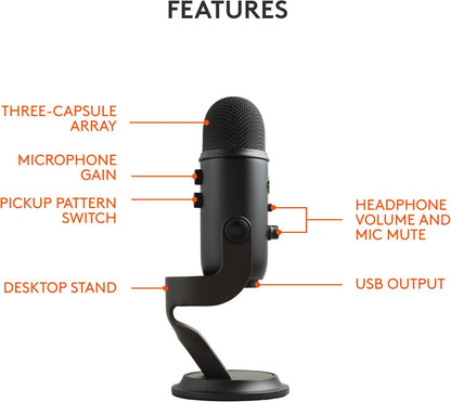 Logitech Creators Blue Yeti USB Microphone for PC, Mac, Gaming, Recording, Streaming, Podcasting, Studio and Computer Condenser Mic with Blue VO!CE effects, 4 Pickup Patterns, Plug and Play - Blackout