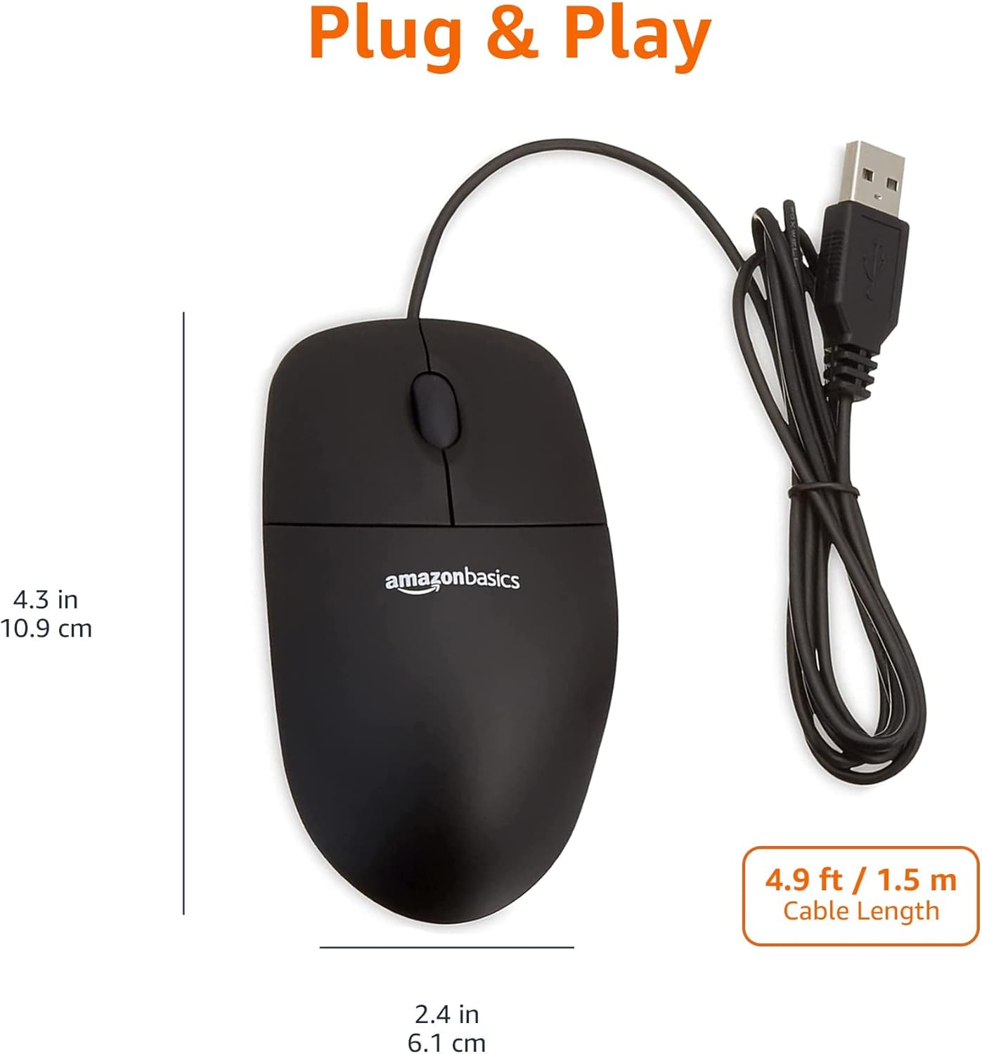 Amazon Basics 3-Button USB Wired Mouse with Responsive Tracking, Plug & Play, Compatible with Windows and Mac, Black