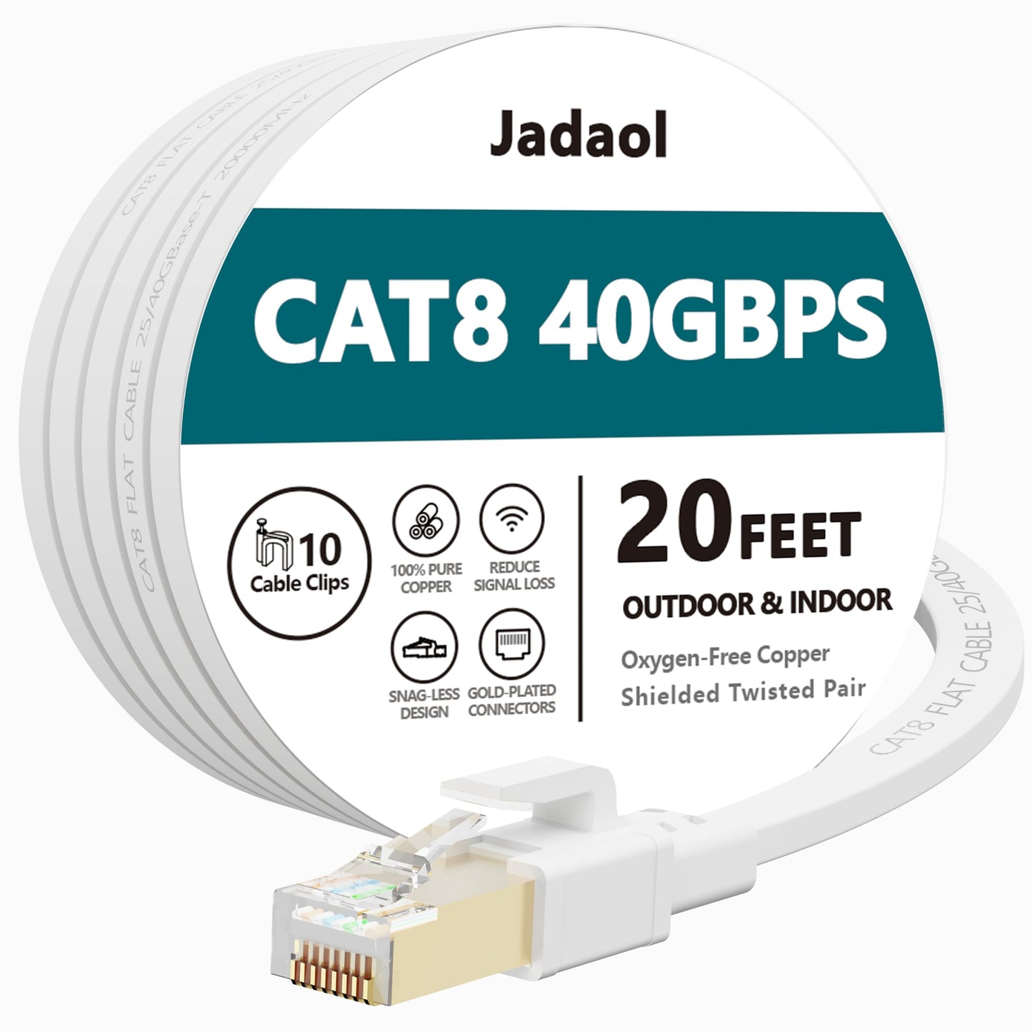 Jadaol Cat 8 Ethernet Cable 25 ft, 40Gbps 2000MHz Flat RJ45 S/FTP LAN Patch Cable, High-Speed Cat8 Network Cable for Router, Modem, Switch, Gaming Consoles, PC, Home Network & Streaming Devices, White