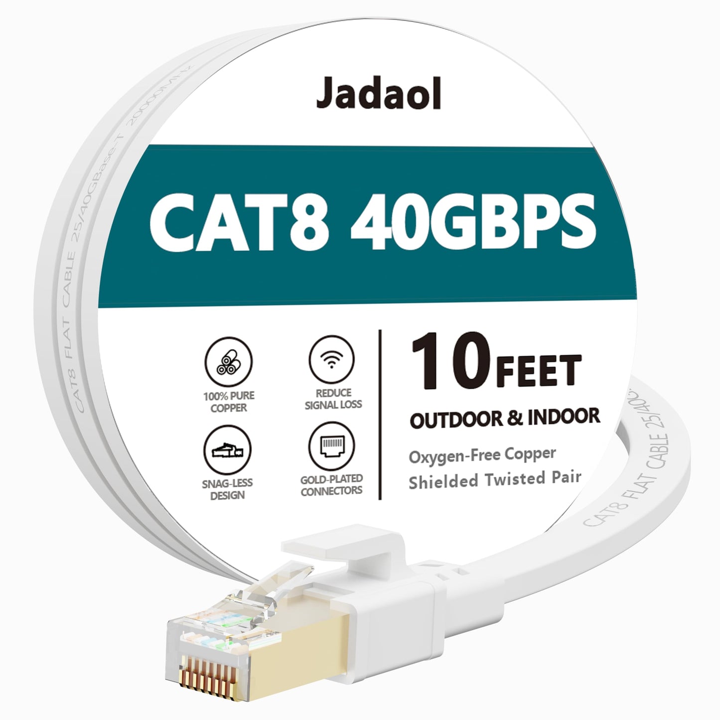 Jadaol Cat 8 Ethernet Cable 25 ft, 40Gbps 2000MHz Flat RJ45 S/FTP LAN Patch Cable, High-Speed Cat8 Network Cable for Router, Modem, Switch, Gaming Consoles, PC, Home Network & Streaming Devices, White