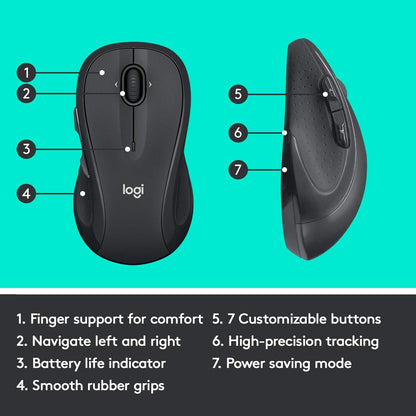 Logitech M510 Wireless Mouse, 2.4 GHz with USB Unifying Receiver, 1000 DPI Laser-Grade Tracking, 7-Buttons, 24-Months Battery Life, PC/Mac/Laptop - Graphite