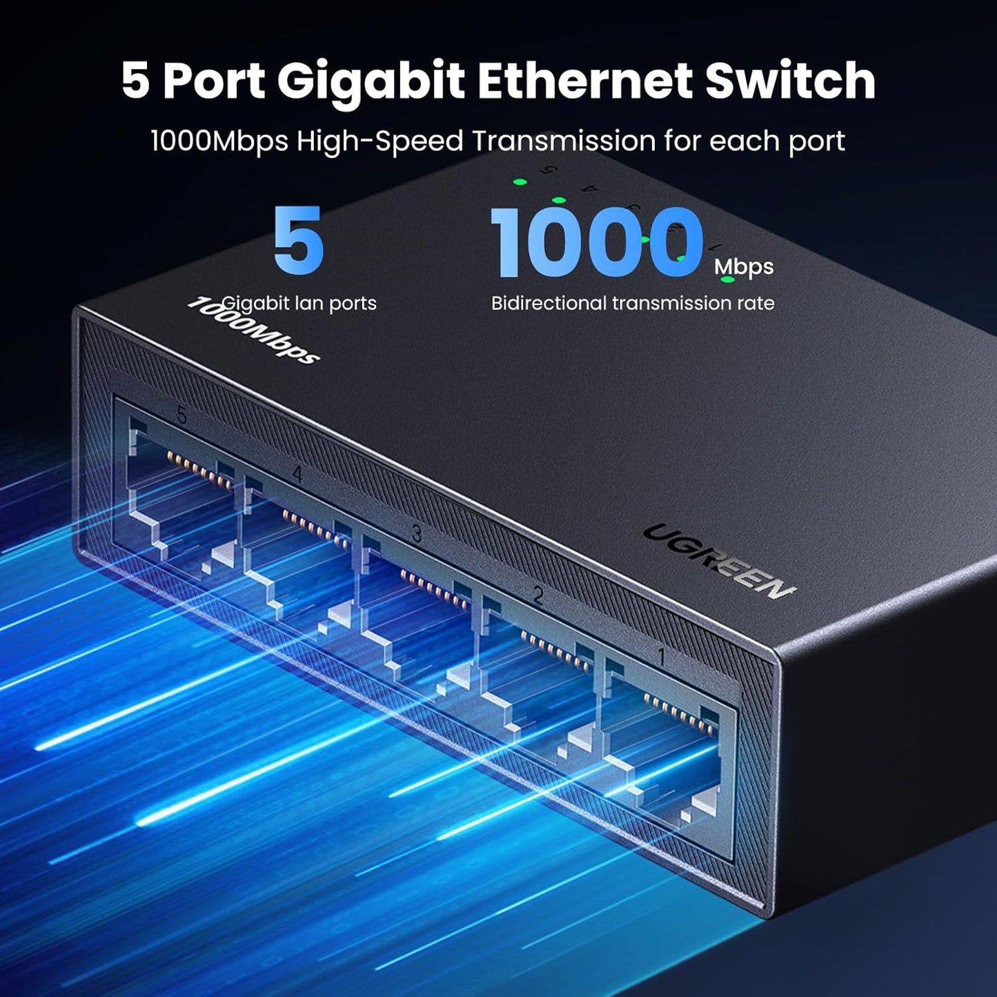 UGREEN Ethernet Switch, 5 Port Gigabit Ethernet Splitter, Plug & Play, Wall Mount & Desktop Network Switch Hub, Unmanaged, Compact, with LED, Fanless Quiet, for Internet Cable, Laptop, Router, NAS