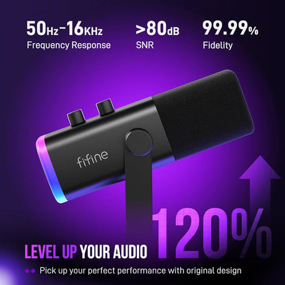 FIFINE XLR/USB Gaming Microphone Set, Dynamic PC Mic for Streaming Podcasting, Computer RGB Mic Kit with Boom Arm Stand, Mute Button, Headphones Jack, for Recording Vocal Voice-Over-AmpliGame AM8T