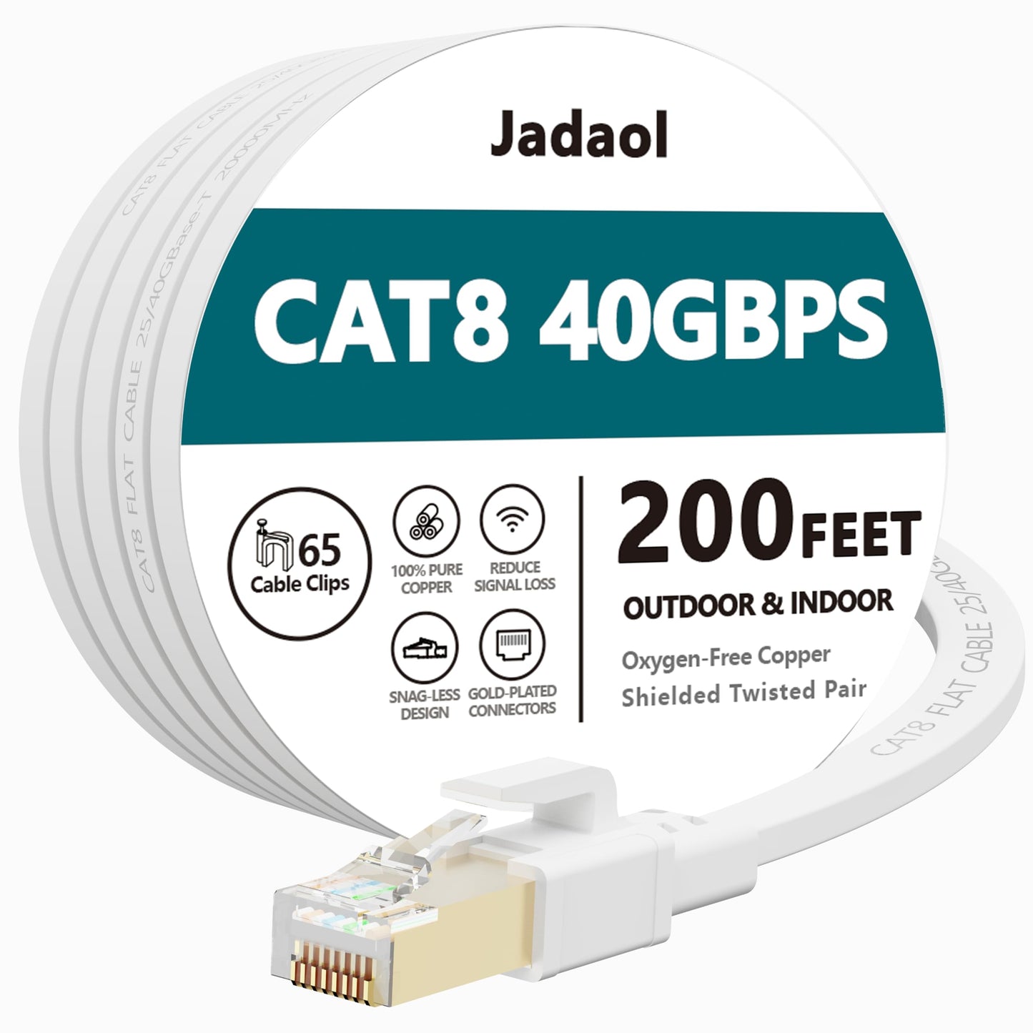 Jadaol Cat 8 Ethernet Cable 25 ft, 40Gbps 2000MHz Flat RJ45 S/FTP LAN Patch Cable, High-Speed Cat8 Network Cable for Router, Modem, Switch, Gaming Consoles, PC, Home Network & Streaming Devices, White