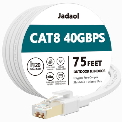Jadaol Cat 8 Ethernet Cable 25 ft, 40Gbps 2000MHz Flat RJ45 S/FTP LAN Patch Cable, High-Speed Cat8 Network Cable for Router, Modem, Switch, Gaming Consoles, PC, Home Network & Streaming Devices, White