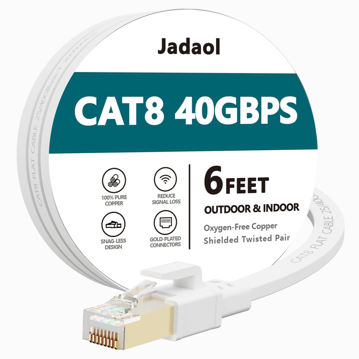 Jadaol Cat 8 Ethernet Cable 25 ft, 40Gbps 2000MHz Flat RJ45 S/FTP LAN Patch Cable, High-Speed Cat8 Network Cable for Router, Modem, Switch, Gaming Consoles, PC, Home Network & Streaming Devices, White