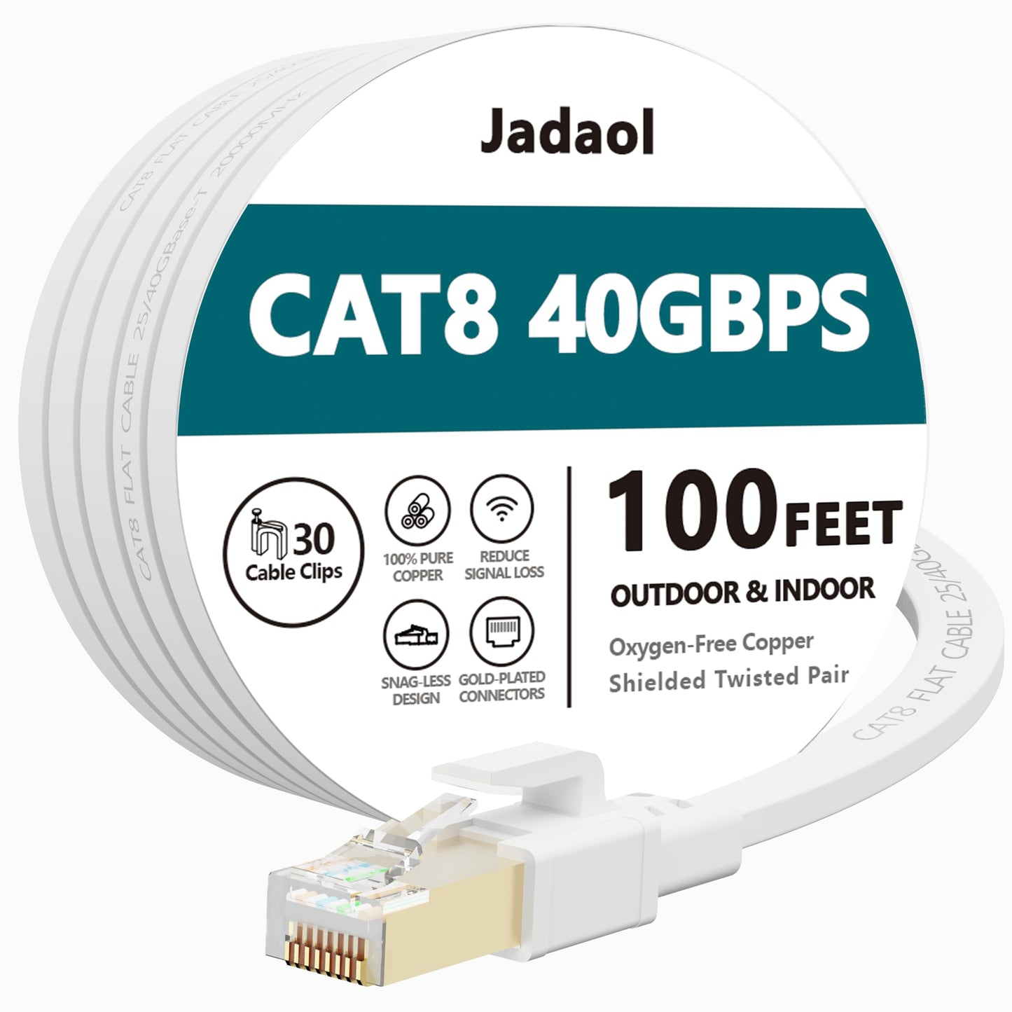 Jadaol Cat 8 Ethernet Cable 25 ft, 40Gbps 2000MHz Flat RJ45 S/FTP LAN Patch Cable, High-Speed Cat8 Network Cable for Router, Modem, Switch, Gaming Consoles, PC, Home Network & Streaming Devices, White