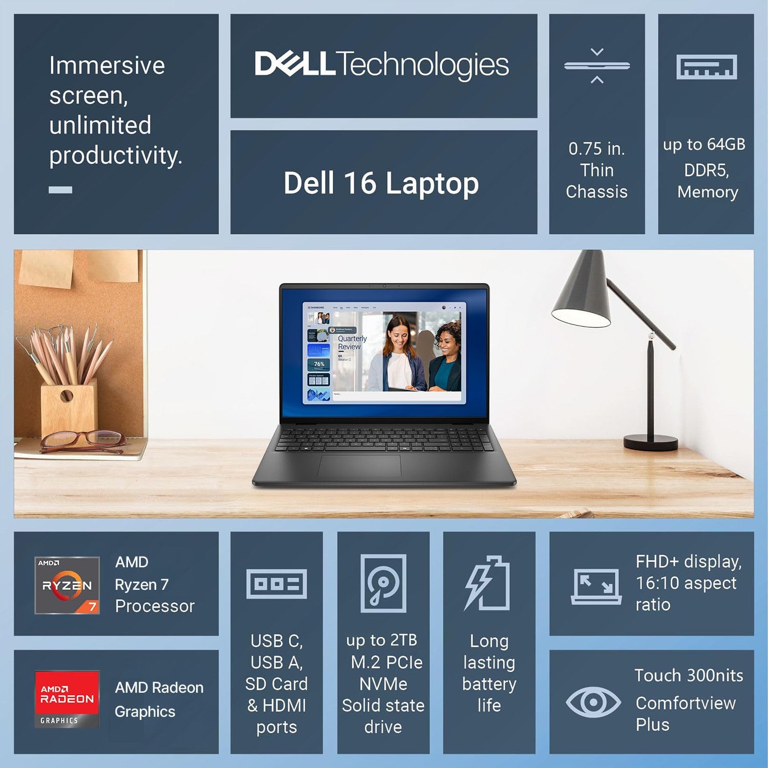 Dell 16 FHD+ Touchscreen Business Laptop | AMD Ryzen 7 CPU(Beat i7-1355U) | 16GB RAM | 512GB PCle SSD | AI Copilot Key | Backlit Keyboard | Wi-Fi 6 | Windows 11 | for Work & Study