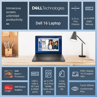 Dell 16 FHD+ Touchscreen Business Laptop | AMD Ryzen 7 CPU(Beat i7-1355U) | 16GB RAM | 512GB PCle SSD | AI Copilot Key | Backlit Keyboard | Wi-Fi 6 | Windows 11 | for Work & Study