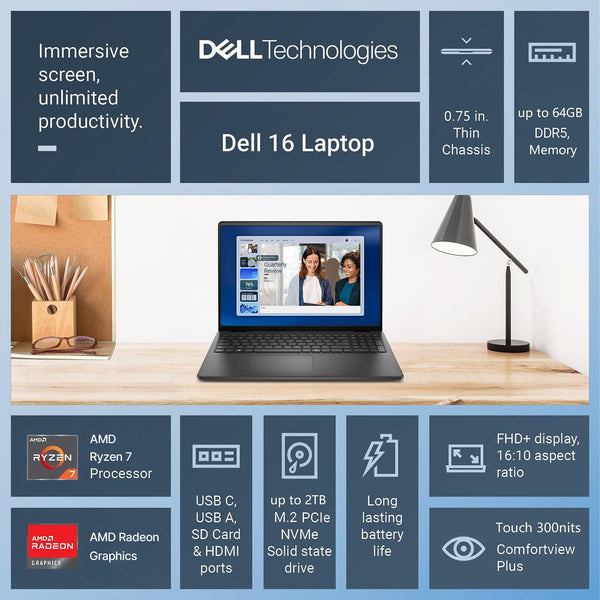 Dell 16 FHD+ Touchscreen Business Laptop | AMD Ryzen 7 CPU(Beat i7-1355U) | 16GB RAM | 512GB PCle SSD | AI Copilot Key | Backlit Keyboard | Wi-Fi 6 | Windows 11 | for Work & Study