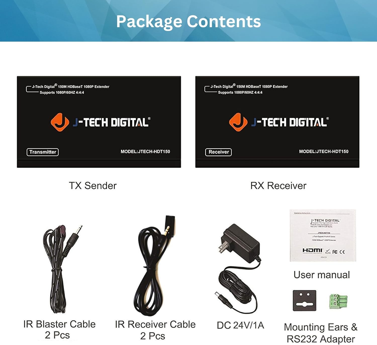 J-Tech Digital Long Range HDMI Extender Over Cat6 150m/492ft HDBaseT 1080P Extender PoC, Bi-Directional IR, Supports Dolby Digital, DTS, with EDID, CEC, & RS-232 Passthrough (JTECH-HDT150)
