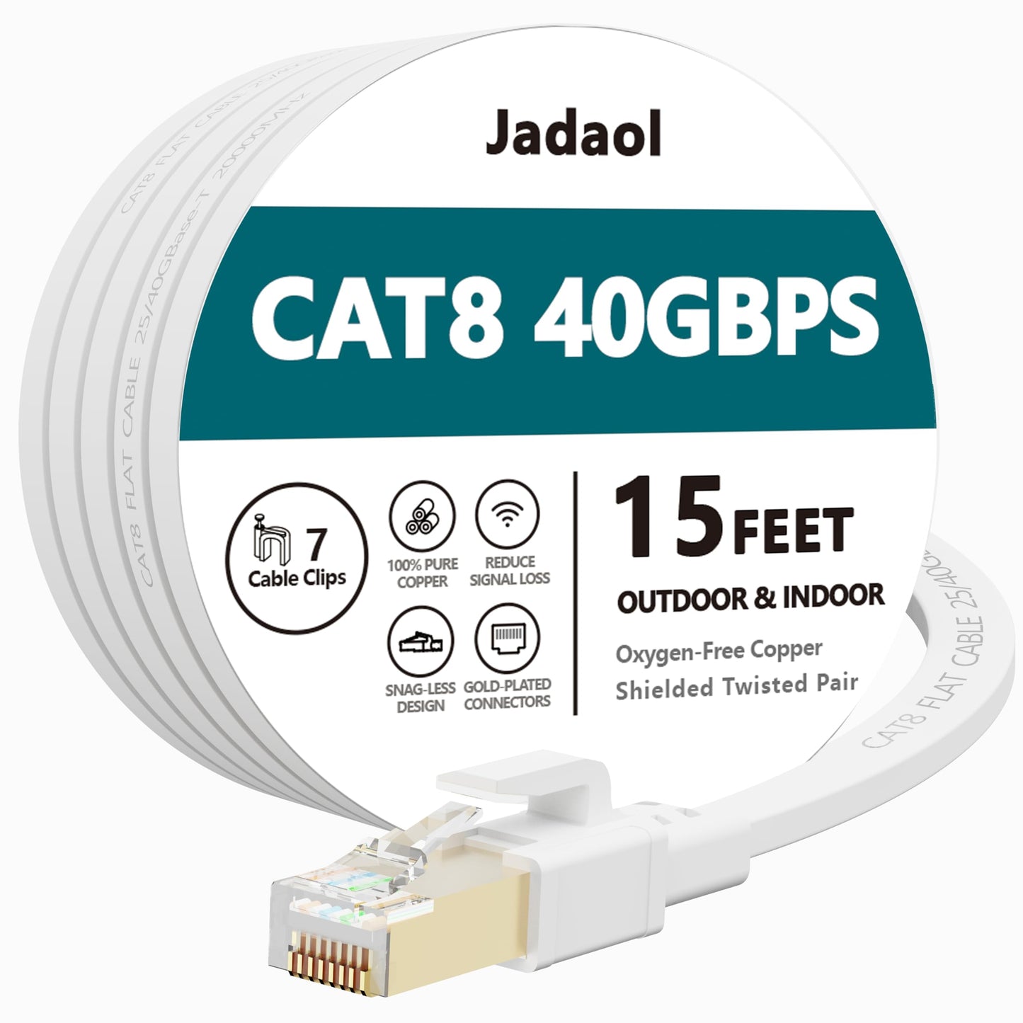 Jadaol Cat 8 Ethernet Cable 25 ft, 40Gbps 2000MHz Flat RJ45 S/FTP LAN Patch Cable, High-Speed Cat8 Network Cable for Router, Modem, Switch, Gaming Consoles, PC, Home Network & Streaming Devices, White