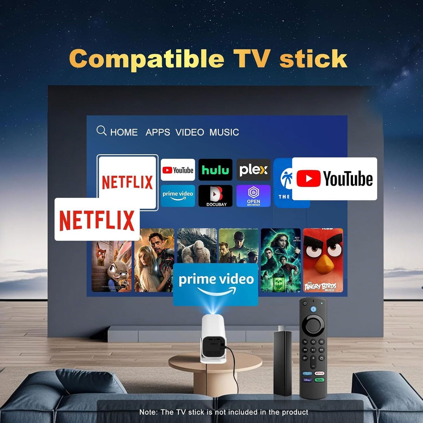 【Built-in APPS & Electric Focusing & 210° Rotation】Mini Projector With Wifi And Bluetooth, 1080P Portable Projector, Movie Projector for Bedroom, Supports Smartphones/TV Stick/iPad/PS5/Laptop/HDMI/USB