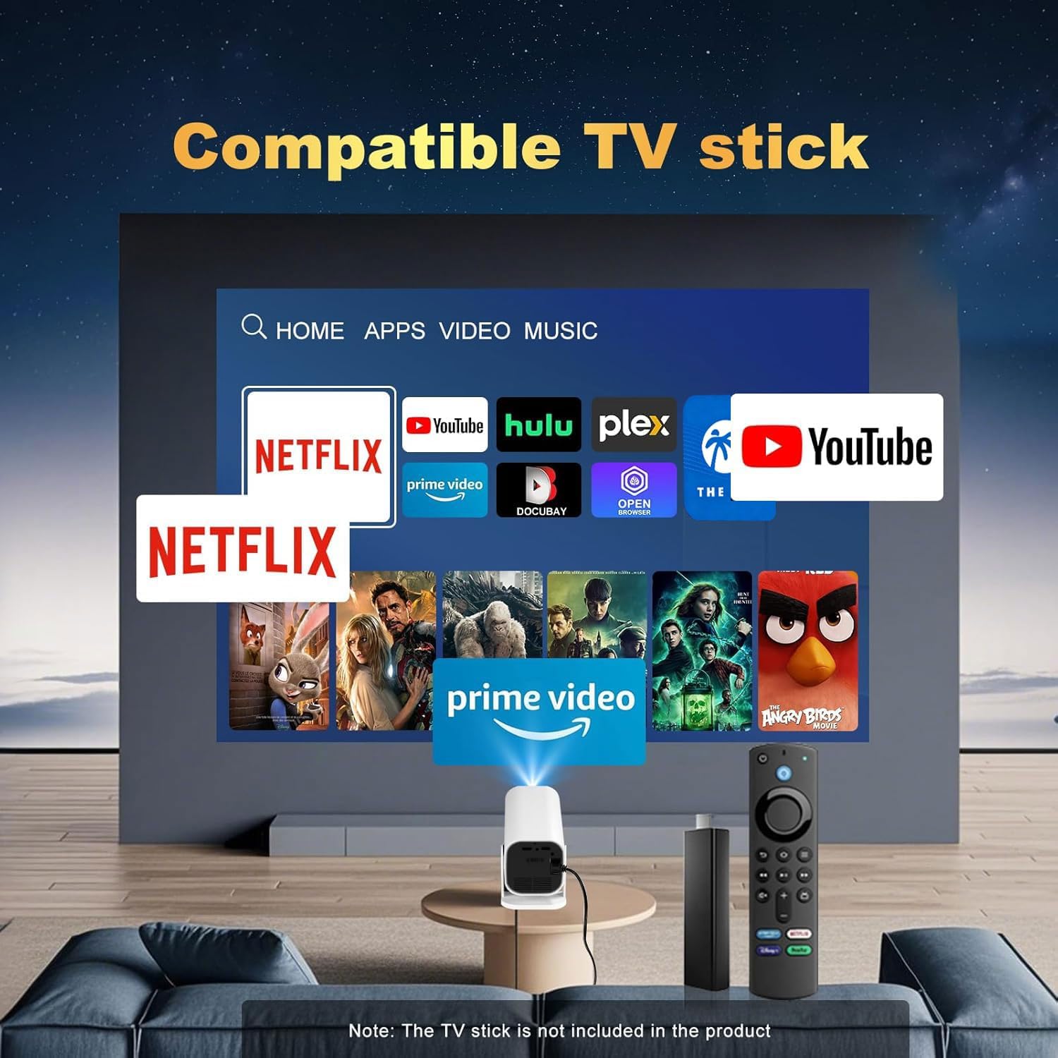 【Built-in APPS & Electric Focusing & 210° Rotation】Mini Projector With Wifi And Bluetooth, 1080P Portable Projector, Movie Projector for Bedroom, Supports Smartphones/TV Stick/iPad/PS5/Laptop/HDMI/USB