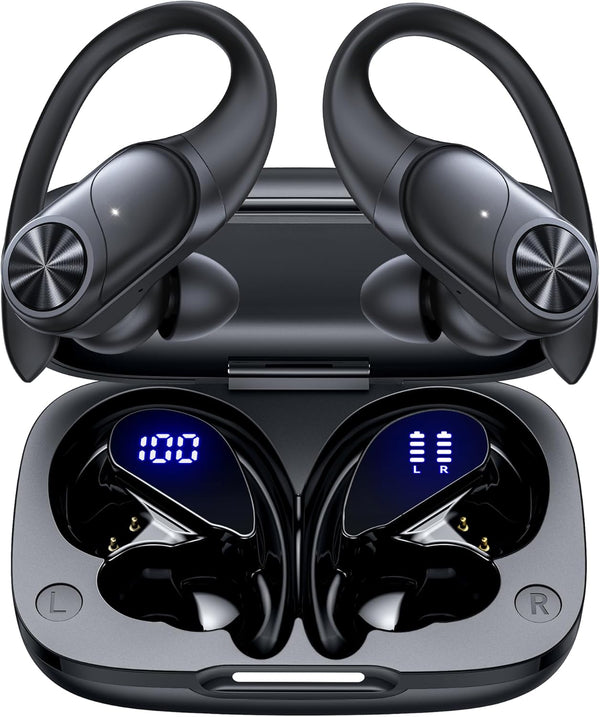 PocBuds Bluetooth Headphones Wireless Earbuds 80hrs Playtime Wireless Charging Case Digital Display Sports Ear Buds with Earhook Deep Bass IPX7 Waterproof Over-Ear Earphones for TV Phone Laptop Black