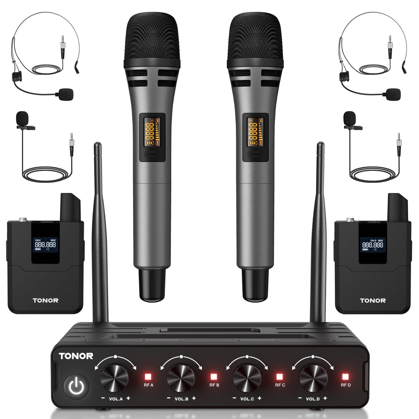TONOR Wireless Microphones System with 4x10 Channels Cordless Handheld Microfono Inalambrico, 60 m/200FT UHF Range, Mics with Stable Signal Transmission for Karaoke Singing Party Church Wedding