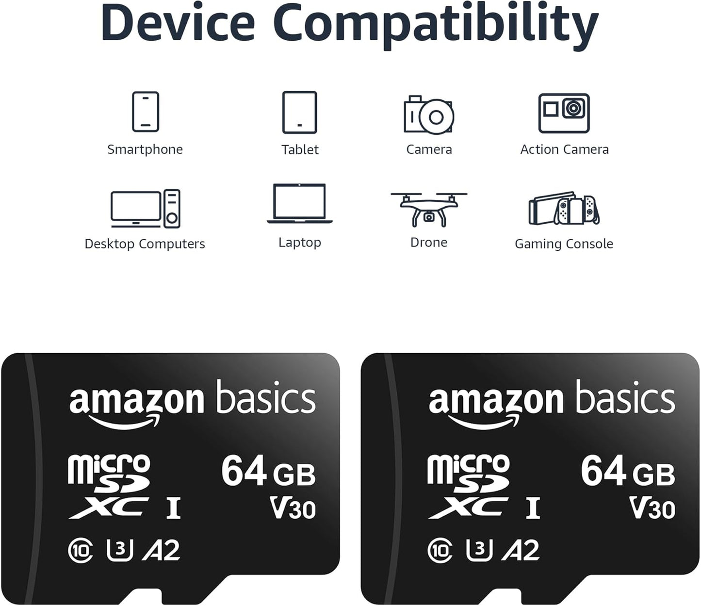Amazon Basics microSDXC Memory Card with Full Size Adapter, A2, U3, Read Speed up to 100 MB/s, 64GB, Black (2pack)
