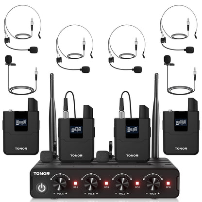 TONOR Wireless Microphones System with 4x10 Channels Cordless Handheld Microfono Inalambrico, 60 m/200FT UHF Range, Mics with Stable Signal Transmission for Karaoke Singing Party Church Wedding