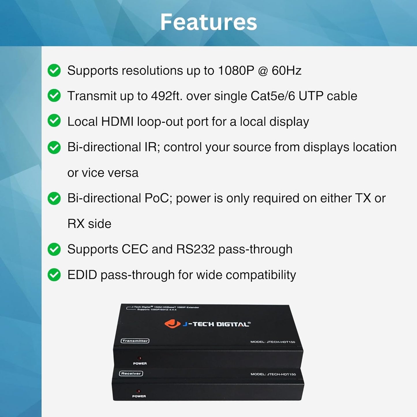 J-Tech Digital Long Range HDMI Extender Over Cat6 150m/492ft HDBaseT 1080P Extender PoC, Bi-Directional IR, Supports Dolby Digital, DTS, with EDID, CEC, & RS-232 Passthrough (JTECH-HDT150)