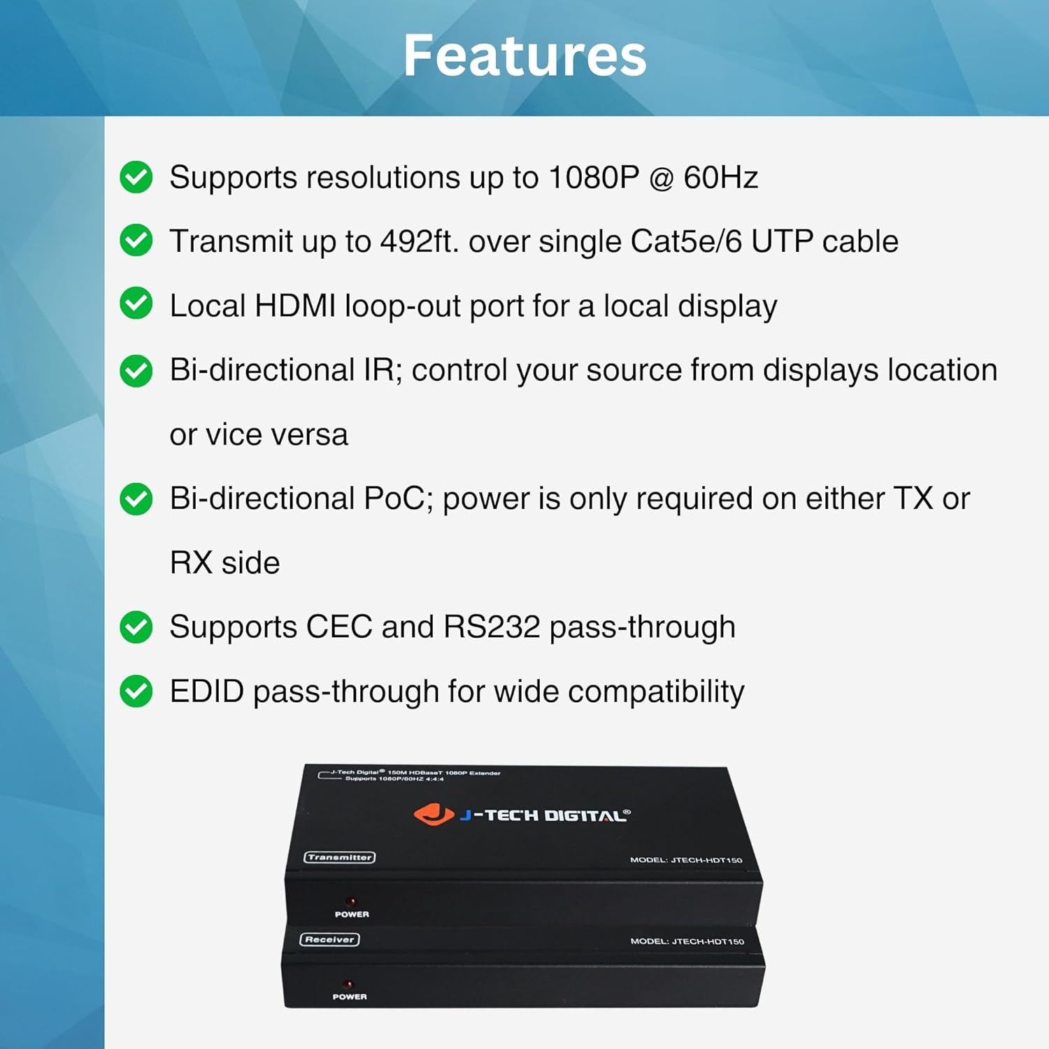 J-Tech Digital Long Range HDMI Extender Over Cat6 150m/492ft HDBaseT 1080P Extender PoC, Bi-Directional IR, Supports Dolby Digital, DTS, with EDID, CEC, & RS-232 Passthrough (JTECH-HDT150)