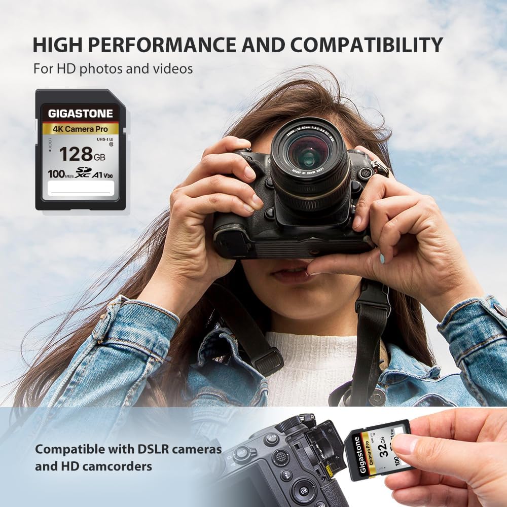 【5-Years Data Recovery】GIGASTONE 128GB SD Card, 4K Camera Pro, A1 V30 SDXC Memory Card 4K UHD Video Compatible with Canon Digital Camera, with 1 Mini Cases