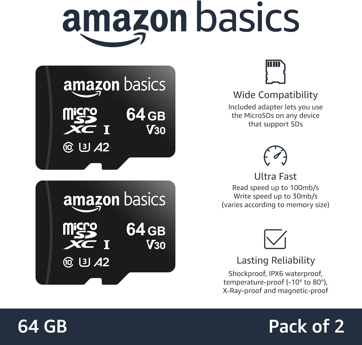 Amazon Basics microSDXC Memory Card with Full Size Adapter, A2, U3, Read Speed up to 100 MB/s, 64GB, Black (2pack)