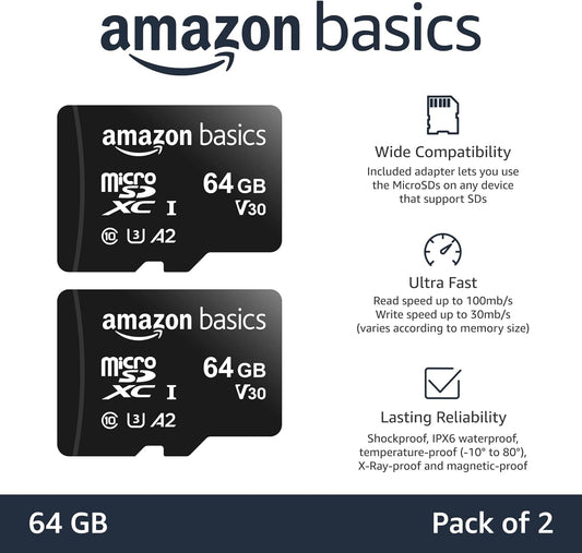Amazon Basics microSDXC Memory Card with Full Size Adapter, A2, U3, Read Speed up to 100 MB/s, 64GB, Black (2pack)