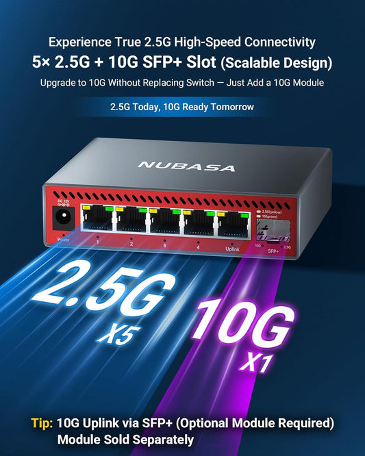 5-Port 2.5Gb Switch with 10Gb SFP+ Port, Less Heat Unmanaged Multigig Ethernet Splitter for NAS, Gaming, PC - Plug & Play, Silent Aluminum Housing, Professional Grade 2.5 Gigabit Network Switch