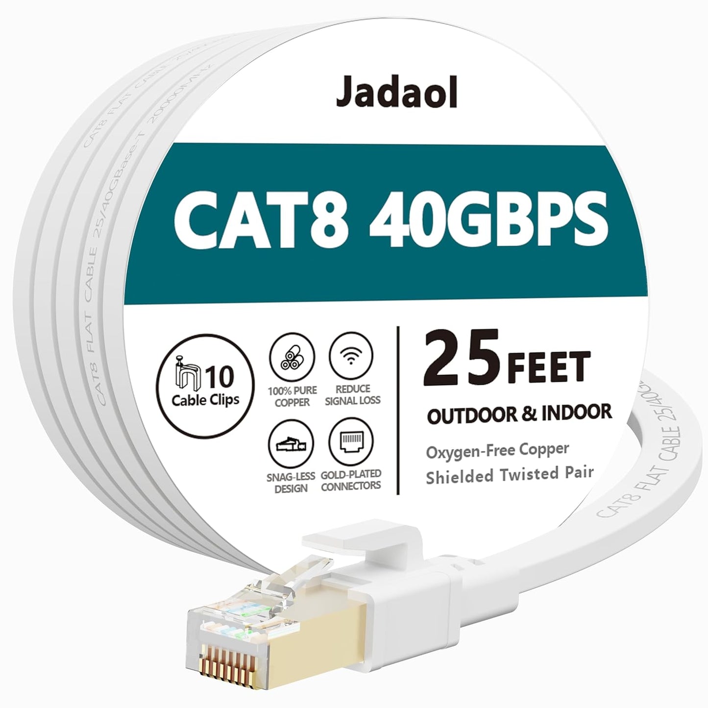 Jadaol Cat 8 Ethernet Cable 25 ft, 40Gbps 2000MHz Flat RJ45 S/FTP LAN Patch Cable, High-Speed Cat8 Network Cable for Router, Modem, Switch, Gaming Consoles, PC, Home Network & Streaming Devices, White