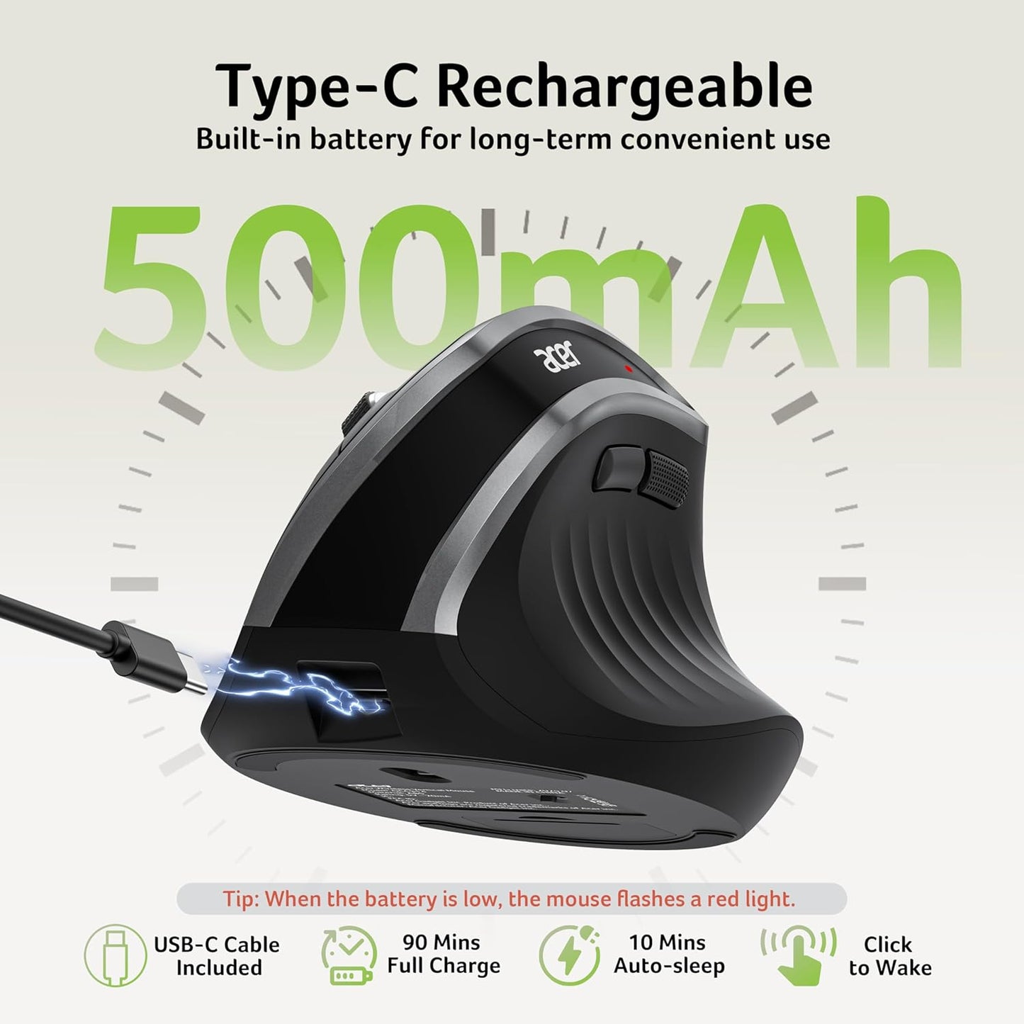 Acer Ergonomic Mouse Wireless, Vertical Computer Mouse for Office, Ergo Mice Rechargeable for Medium to Large Sized Hands, 2.4GHz USB Receiver, 800/1200/1600 DPI, 6 Buttons for Laptop, PC and Desktop