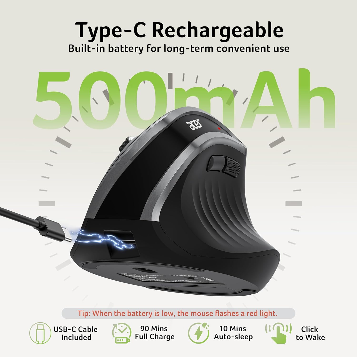 Acer Ergonomic Mouse Wireless, Vertical Computer Mouse for Office, Ergo Mice Rechargeable for Medium to Large Sized Hands, 2.4GHz USB Receiver, 800/1200/1600 DPI, 6 Buttons for Laptop, PC and Desktop